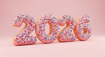 Donut shaped numbers with pink frosting and sprinkles on a pink background