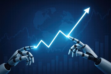 Robotic hands point at glowing upward trend arrow on financial graph, symbolizing economic growth and AI innovation