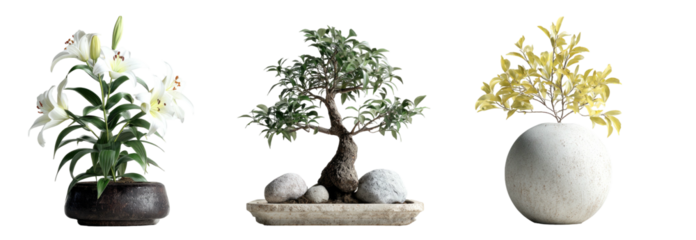 Three potted plants, lily, bonsai, yellow leaves, against black