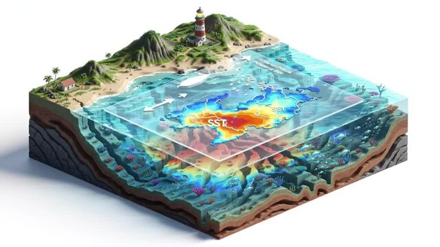 Cross-Sectional View of Ocean Floor and Coastline with Geological Layers