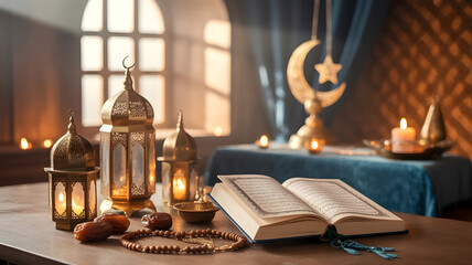 Quran Reading with Ramadan Lantern and Crescent Moon Decor