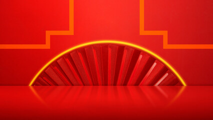 Red Chinese folding fan on a colored background. Mockup, template, or copy space. Decoration for...
