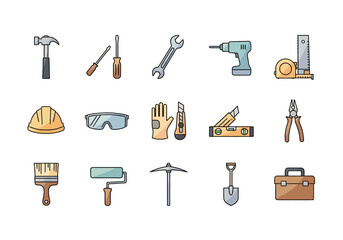 Obraz premium Construction and Repair Tools: Hammer Screwdrivers Wrench Drill and Safety Gear.