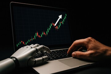 Robot and human hands collaborate on laptop showing stock market growth chart, trading