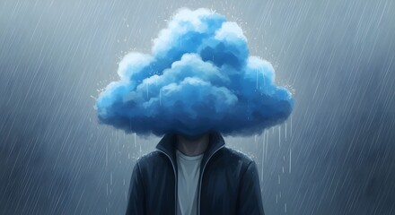 Person with blue cloud over head in heavy rain overcast