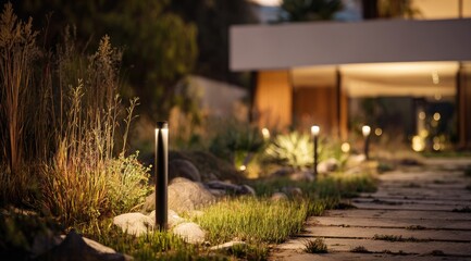 Pathway illuminated by modern, dark-colored outdoor lights