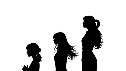 Silhouette depiction of three women in different stages of life, representing growth and maturity.
