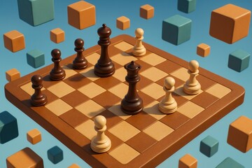 A whimsical chess game set on a brown board with floating blocks and pieces, vibrant blue sky