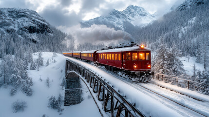 Red vintage passenger train crossing snowy mountain viaduct at dusk
