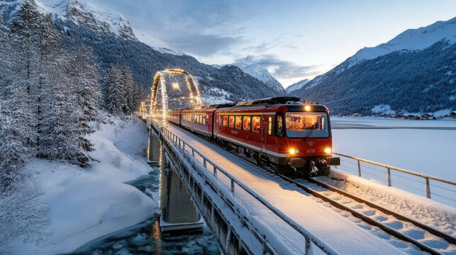 Red train crossing snowy bridge at twilight with glowing lights and mountain lake