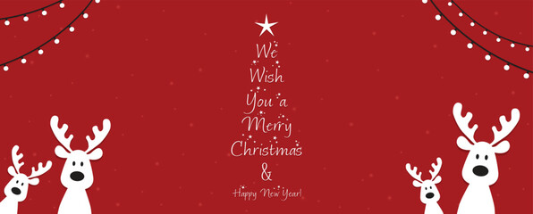 Cute Christmas reindeer on a red background. Christmas background, banner, or card. New trending vector illustration.