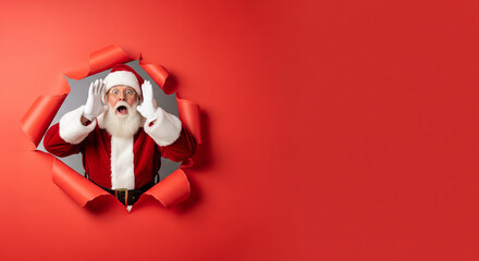 humorous photograph featuring Santa Claus popping out of a circular hole torn into a bright red background.