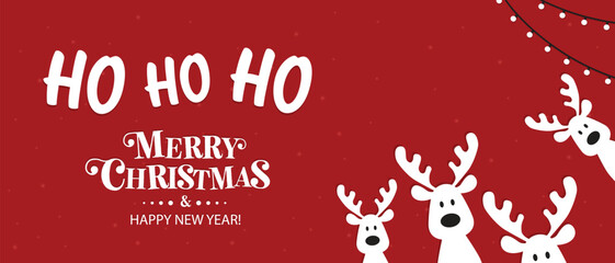 Cute Christmas reindeer on a red background. Christmas background, banner, or card. New trending vector illustration.