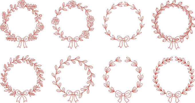 Set of eight hand drawn red floral and leaf wreaths with bows flower rose