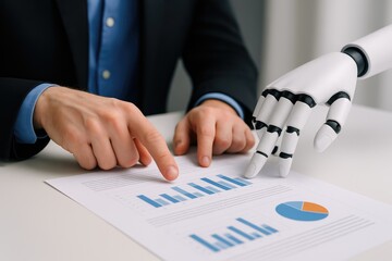 Human and robot analyzing business charts, collaboration, future tech, AI