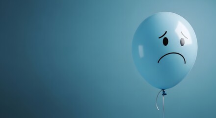 Sad blue balloon with drawn face on teal background drawing