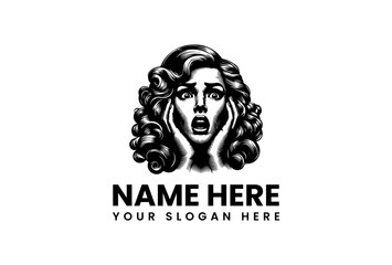 Monochrome vector logo illustration of a horrified woman with curly hair screaming in terror, classic comic book style 98