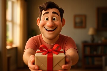 Animated man with a huge smile offers a gift wrapped with a red ribbon