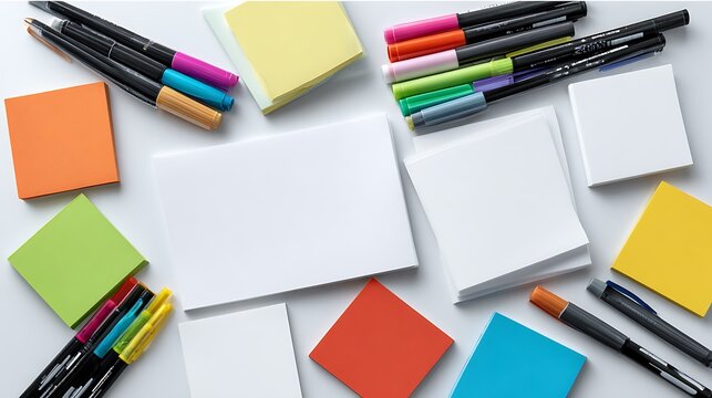 Vibrant stationery collection with markers and sticky notes, isolated on white