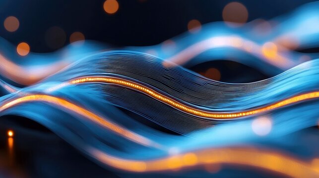Abstract flowing lines in blue and orange with bokeh lights, suggesting data streams or energy flow, on a dark background.
