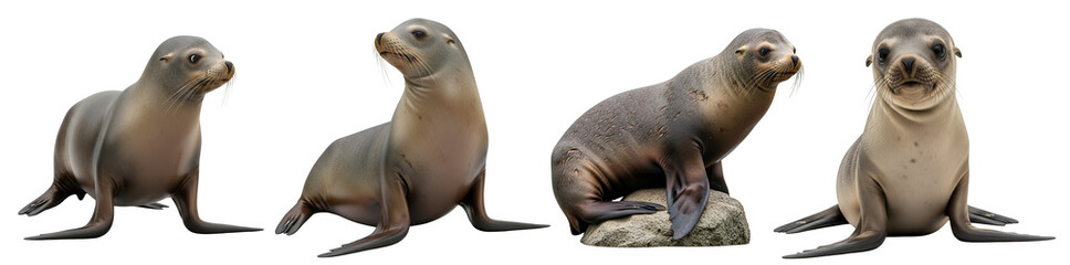 Naklejka premium Four sea lions in various poses isolated on a featureless plane showing their sleek fur and whiskers on transparent background