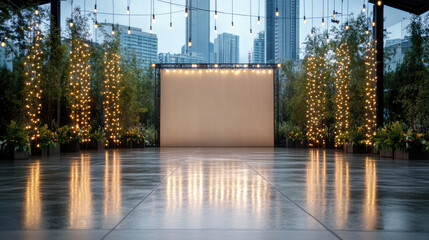Outdoor event stage with string lights and city skyline reflection