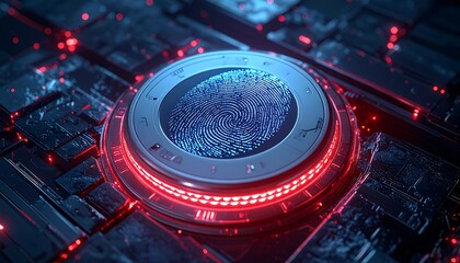 Futuristic glowing fingerprint on complex circuit board with red accent lighting