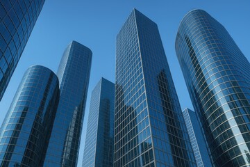 Modern glass skyscrapers architecture reflecting blue sky urban towers