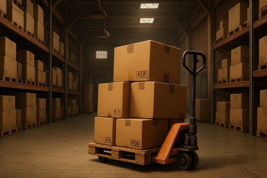 Boxes stacked on a pallet jack in a warehouse aisle with shelves of goods