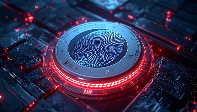 Futuristic glowing fingerprint on complex circuit board with red accent lighting - Powered by Adobe