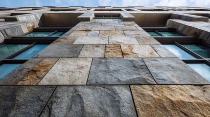 Upward perspective view of a modern building with varied stone cladding