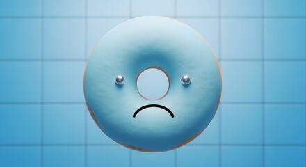 Sad blue frosted donut with silver eyes on tiled background frosting icing