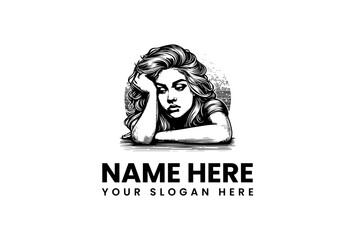 Vintage sketch of a thoughtful beautiful woman with messy hair vector logo illustration