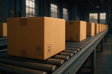 Cardboard boxes on a roller conveyor belt in a factory, awaiting shipment