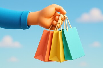 Cartoon hand holding colorful shopping bags against a bright blue sky with fluffy clouds