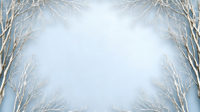 Snowy winter forest frame with icy pastel blue background evoking calm wonder