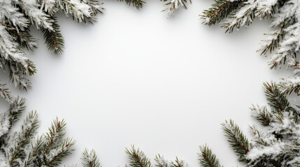 Snowy pine border framing empty white space with calm winter mood