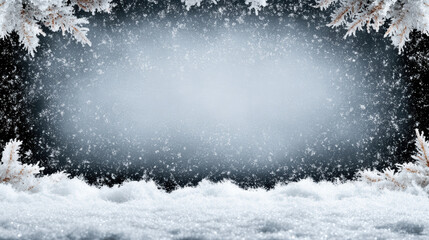 Snowy frosted pine branches border winter snowfall scene with soft snowy foreground