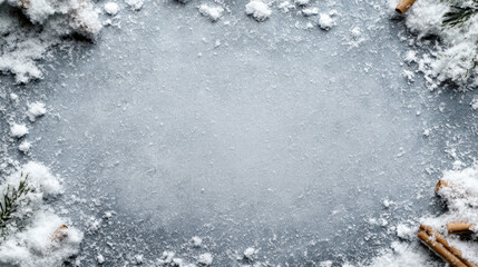 Icy white snowfall aesthetic silent frosted surface with pine and cinnamon sticks