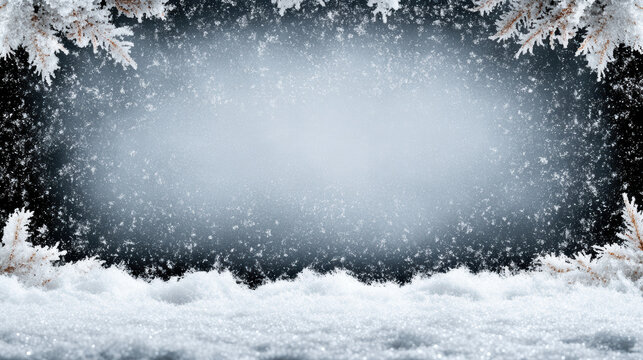 Snowy frosted pine branches border winter snowfall scene with soft snowy foreground