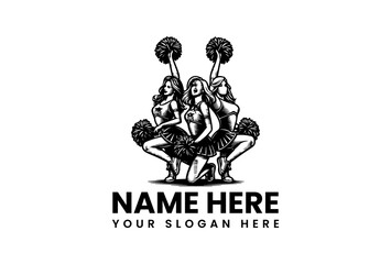 dynamic vector logo illustration of three energetic cheerleaders with pom-poms, perfect for sports teams and events