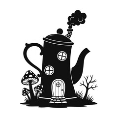 A cute cartoon teapot-shaped house with a curved spout and a cozy door. Fantasy house, teapot house, cute home, fairytale style, cozy design