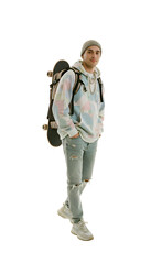 A man carrying a skateboard backpack looking trendy