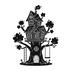 Cartoon treehouse with wooden platform, ladder and playful bright details in a friendly fantasy style. Cartoon treehouse, kids treehouse, cute house, fantasy home, wooden treehouse