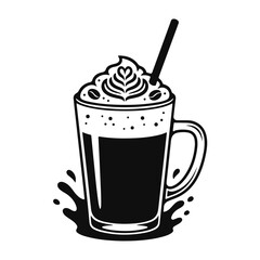Black and white cartoon mug of coffee with whipped cream, latte art and straw, with splashes around the base. Coffee mug, latte art, hot drink, whipped cream, café iconr