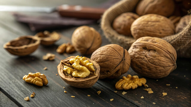 Stock photo of walnuts shelled and unshelled in a burlap sack on wood table