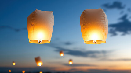 Sky lantern festival glowing orange lantern floating at dusk