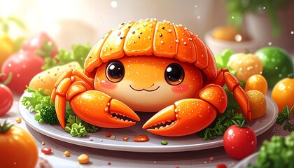 Adorable, smiling crab-like character sits on a plate surrounded by vegetables in a soft, warm, bright setting