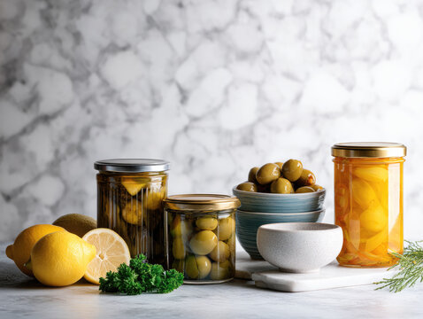 Jars of pickled olives and lemons with fresh parsley and whole lemons on white marble kitchen countertop, bright and fresh atmosphere