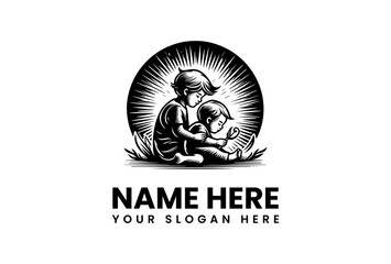 An older brother comforting his younger sibling in a vintage hand drawn woodcut style, a heartwarming family care vector logo illustration